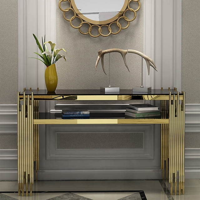 1200mm Modern Black Faux Marble Narrow Console Table with Storage Shelf and 4 Gold Legs - image 1