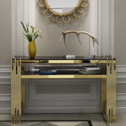 1200mm Modern Black Faux Marble Narrow Console Table with Storage Shelf and 4 Gold Legs - thumbnail 1