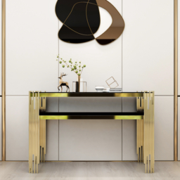 1200mm Modern Black Faux Marble Narrow Console Table with Storage Shelf and 4 Gold Legs - thumbnail 2
