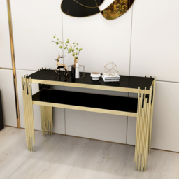 1200mm Modern Black Faux Marble Narrow Console Table with Storage Shelf and 4 Gold Legs - thumbnail 3
