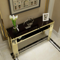 1200mm Modern Black Faux Marble Narrow Console Table with Storage Shelf and 4 Gold Legs - thumbnail 4