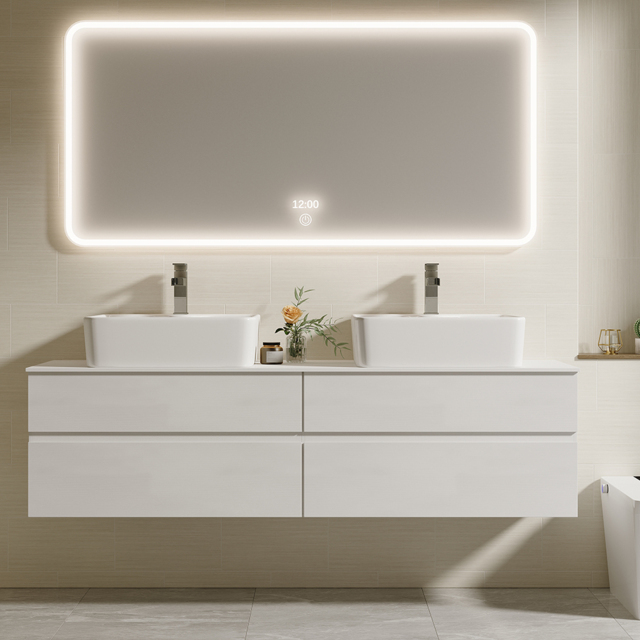 "60"" Floating Bathroom Vanity Cultured Marble Top with Ceramic Vessel Sink White" - image 1