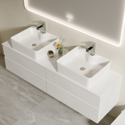 "60"" Floating Bathroom Vanity Cultured Marble Top with Ceramic Vessel Sink White" - thumbnail 2