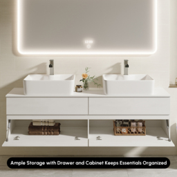 "60"" Floating Bathroom Vanity Cultured Marble Top with Ceramic Vessel Sink White" - thumbnail 8