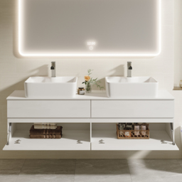 "60"" Floating Bathroom Vanity Cultured Marble Top with Ceramic Vessel Sink White" - thumbnail 4