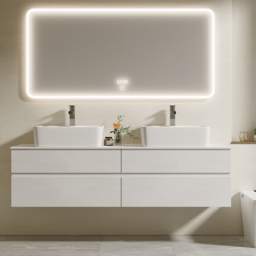 "60"" Floating Bathroom Vanity Cultured Marble Top with Ceramic Vessel Sink White" - thumbnail 1