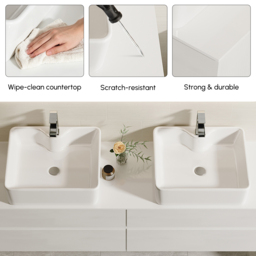 "60"" Floating Bathroom Vanity Cultured Marble Top with Ceramic Vessel Sink White" - thumbnail 6