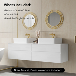 "60"" Floating Bathroom Vanity Cultured Marble Top with Ceramic Vessel Sink White" - thumbnail 9