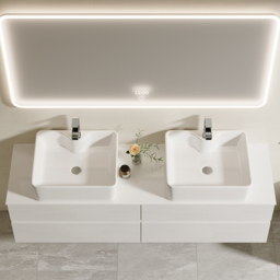 "60"" Floating Bathroom Vanity Cultured Marble Top with Ceramic Vessel Sink White" - thumbnail 3