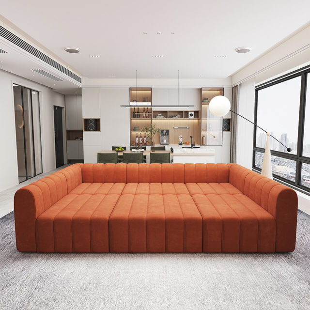 300 cm Velvet Convertible Modular Sectional Sofa Orange Upholstered 6-Seater Sofa Set - image 1