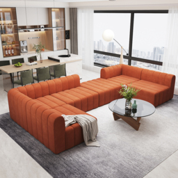 300 cm Velvet Convertible Modular Sectional Sofa Orange Upholstered 6-Seater Sofa Set - thumbnail 3