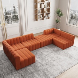 300 cm Velvet Convertible Modular Sectional Sofa Orange Upholstered 6-Seater Sofa Set - thumbnail 5