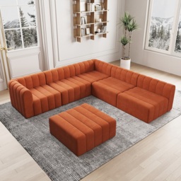 300 cm Velvet Convertible Modular Sectional Sofa Orange Upholstered 6-Seater Sofa Set - thumbnail 6
