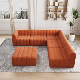 300 cm Velvet Convertible Modular Sectional Sofa Orange Upholstered 6-Seater Sofa Set - thumbnail 7