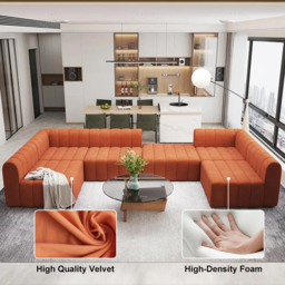 300 cm Velvet Convertible Modular Sectional Sofa Orange Upholstered 6-Seater Sofa Set - thumbnail 9
