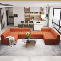 300 cm Velvet Convertible Modular Sectional Sofa Orange Upholstered 6-Seater Sofa Set - thumbnail 4