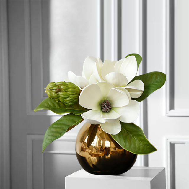 Fashionable Artificial Flowers in Vase Faux Magnolia Gold Glass Ball Vase Set - image 1