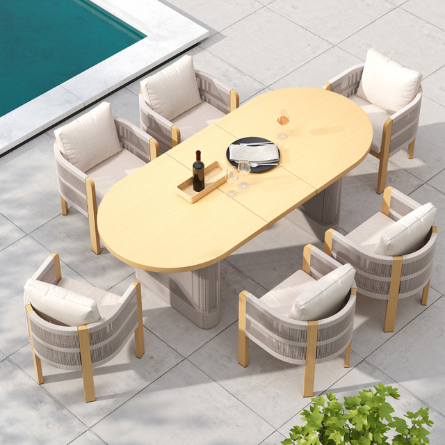 7 PCS Outdoor Extendable Dining Set, Farmhouse Style Extendable Outdoor & Yard Dining Table Set with 6 Woven Armchairs for 4 to 6 Person - image 1