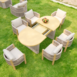 7 PCS Outdoor Extendable Dining Set, Farmhouse Style Extendable Outdoor & Yard Dining Table Set with 6 Woven Armchairs for 4 to 6 Person - thumbnail 5