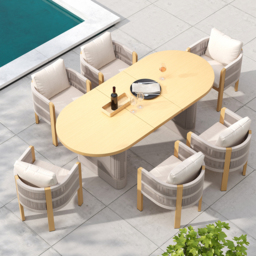 7 PCS Outdoor Extendable Dining Set, Farmhouse Style Extendable Outdoor & Yard Dining Table Set with 6 Woven Armchairs for 4 to 6 Person - thumbnail 1