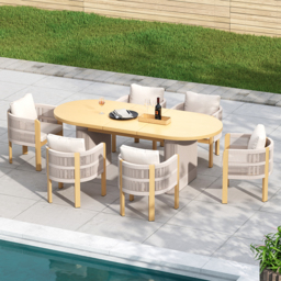 7 PCS Outdoor Extendable Dining Set, Farmhouse Style Extendable Outdoor & Yard Dining Table Set with 6 Woven Armchairs for 4 to 6 Person - thumbnail 2