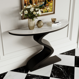 Curved Console Table with Sintered Stone Top Half Moon Shape Entryway Furniture in White & Black (100 cm Wide) - thumbnail 1