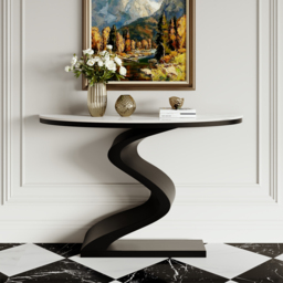 Curved Console Table with Sintered Stone Top Half Moon Shape Entryway Furniture in White & Black (100 cm Wide) - thumbnail 2