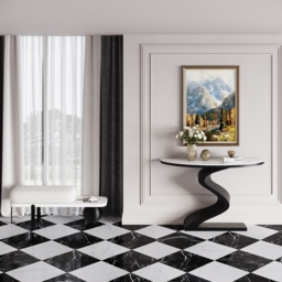 Curved Console Table with Sintered Stone Top Half Moon Shape Entryway Furniture in White & Black (100 cm Wide) - thumbnail 5