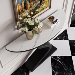 Curved Console Table with Sintered Stone Top Half Moon Shape Entryway Furniture in White & Black (100 cm Wide) - thumbnail 3