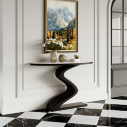 Curved Console Table with Sintered Stone Top Half Moon Shape Entryway Furniture in White & Black (100 cm Wide) - thumbnail 4