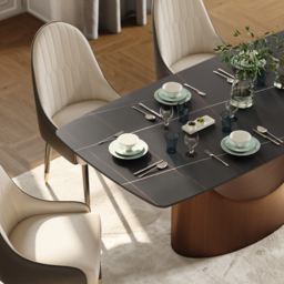 "71"" Rectangle Dining Table Faux Marble Top Antique Brass Pedestal for 8 Person Modern Black Villa Home Table" - thumbnail 4