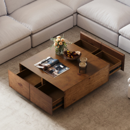 90 cm Square Pine Wood Block Coffee Table with 4 Drawers - thumbnail 4