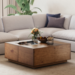 90 cm Square Pine Wood Block Coffee Table with 4 Drawers - thumbnail 5