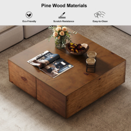 90 cm Square Pine Wood Block Coffee Table with 4 Drawers - thumbnail 7