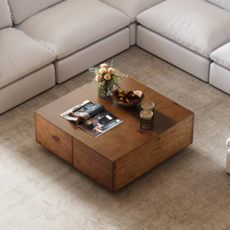 90 cm Square Pine Wood Block Coffee Table with 4 Drawers - thumbnail 2
