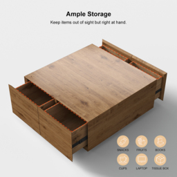 90 cm Square Pine Wood Block Coffee Table with 4 Drawers - thumbnail 8