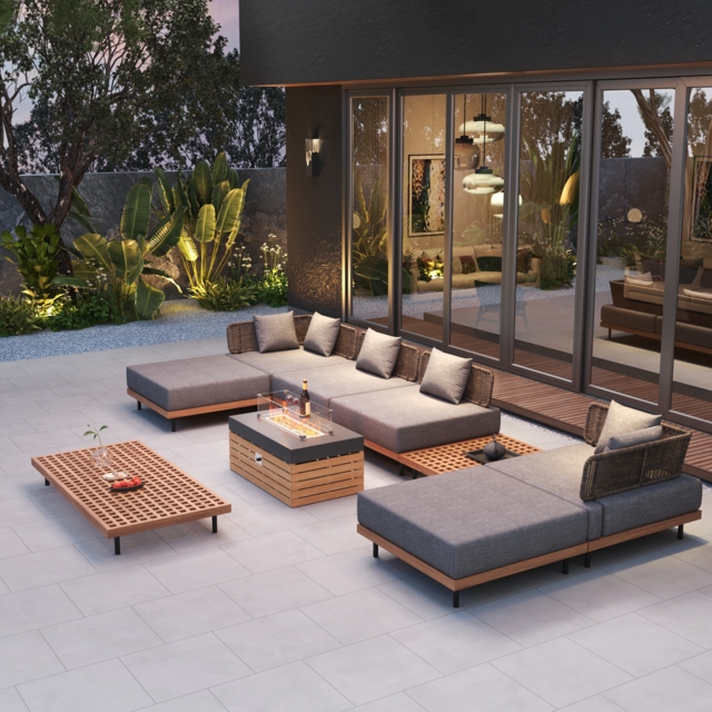 Propane Gas Fire Pit Table with Glass Wind Guard & Gray Outdoor Sectional Sofa Set - image 1