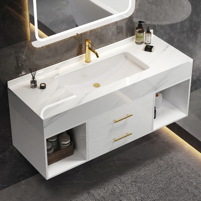 "39.4"" Floating Bathroom Vanity White with Cultured Marble Vessel Sink with 2 Drawers" - image 1