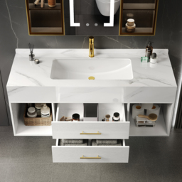 "39.4"" Floating Bathroom Vanity White with Cultured Marble Vessel Sink with 2 Drawers" - thumbnail 5