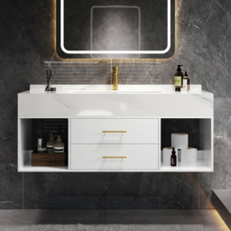 "39.4"" Floating Bathroom Vanity White with Cultured Marble Vessel Sink with 2 Drawers" - thumbnail 6