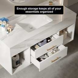 "39.4"" Floating Bathroom Vanity White with Cultured Marble Vessel Sink with 2 Drawers" - thumbnail 3