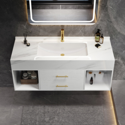 "39.4"" Floating Bathroom Vanity White with Cultured Marble Vessel Sink with 2 Drawers" - thumbnail 2