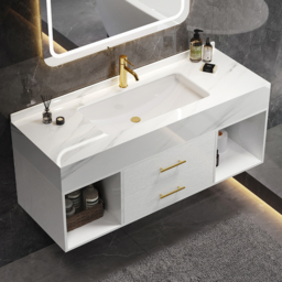 "39.4"" Floating Bathroom Vanity White with Cultured Marble Vessel Sink with 2 Drawers"