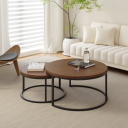 Living Room Cabinet Set Walnut Rectangle Extendable TV Stand & Round Nesting Coffee Table Set - thumbnail 8