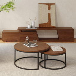 Living Room Cabinet Set Walnut Rectangle Extendable TV Stand & Round Nesting Coffee Table Set - thumbnail 9