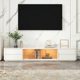 2200mm White Wood Rectangle TV Stand Sintered Stone Top 4-Drawer Glass Doors Cabinet - thumbnail 2