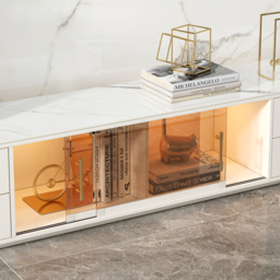 2200mm White Wood Rectangle TV Stand Sintered Stone Top 4-Drawer Glass Doors Cabinet - thumbnail 6