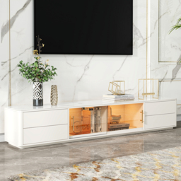 2200mm White Wood Rectangle TV Stand Sintered Stone Top 4-Drawer Glass Doors Cabinet - thumbnail 3