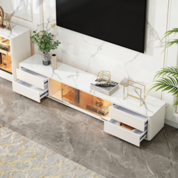 2200mm White Wood Rectangle TV Stand Sintered Stone Top 4-Drawer Glass Doors Cabinet - thumbnail 4