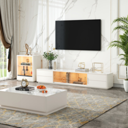 2200mm White Wood Rectangle TV Stand Sintered Stone Top 4-Drawer Glass Doors Cabinet - thumbnail 5
